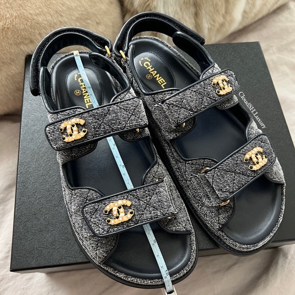 Auth BNIB Chanel 21A Rare Denim Deep Gray Dad Sandals -Size 38 - Picture 12 of 16